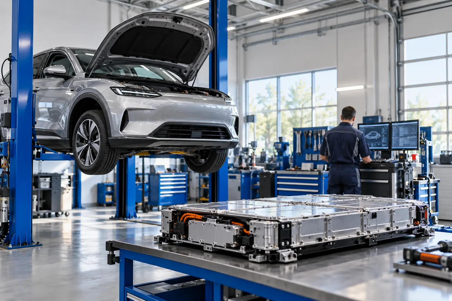 Angehobenes Elektroauto, darunter ein ausgebautes Hochvolt-Batteriepaket