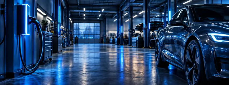 Blaue Werkstatthalle mit Elektroautos