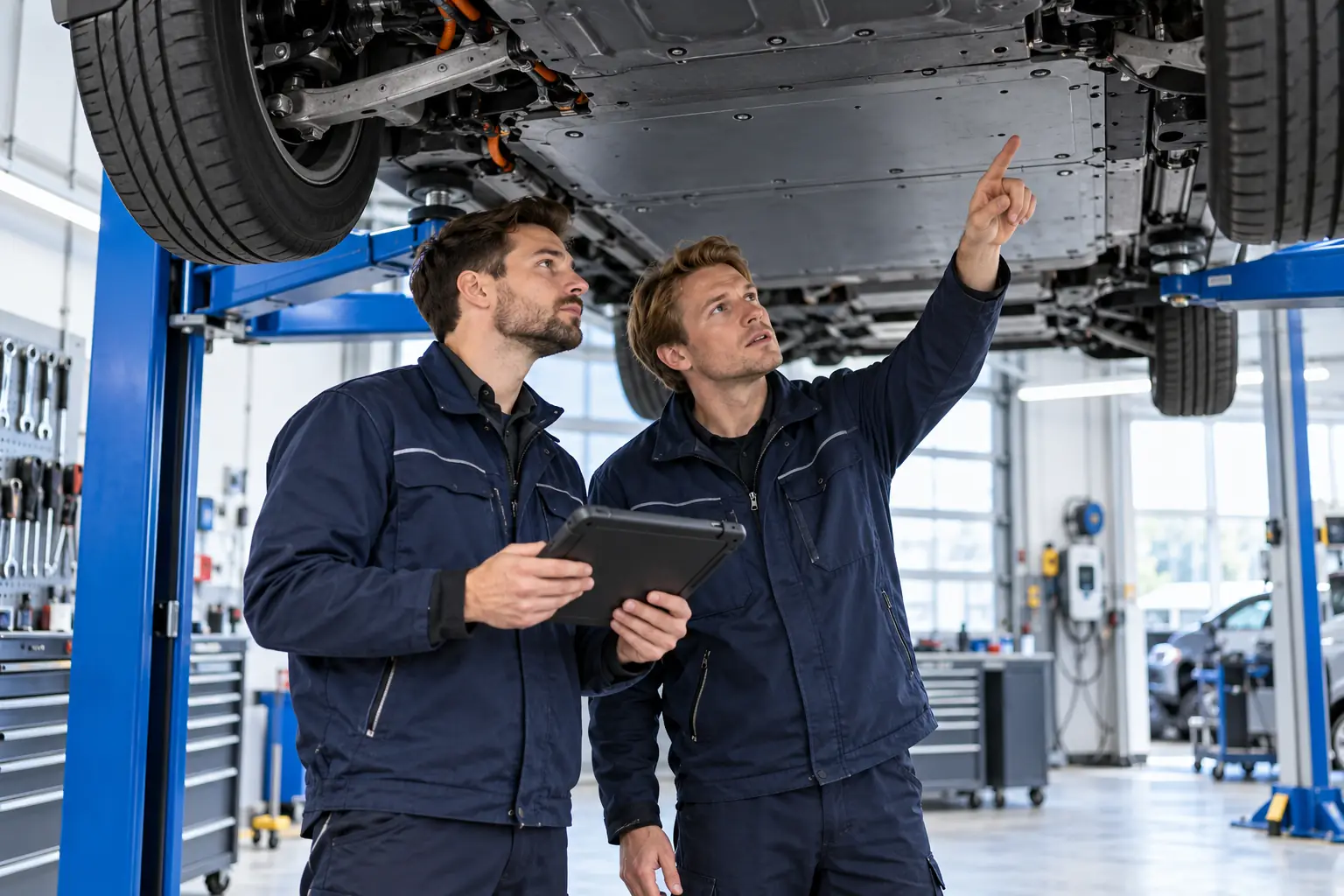 Zwei Mechatroniker begutachten den Unterboden eines Elektroautos